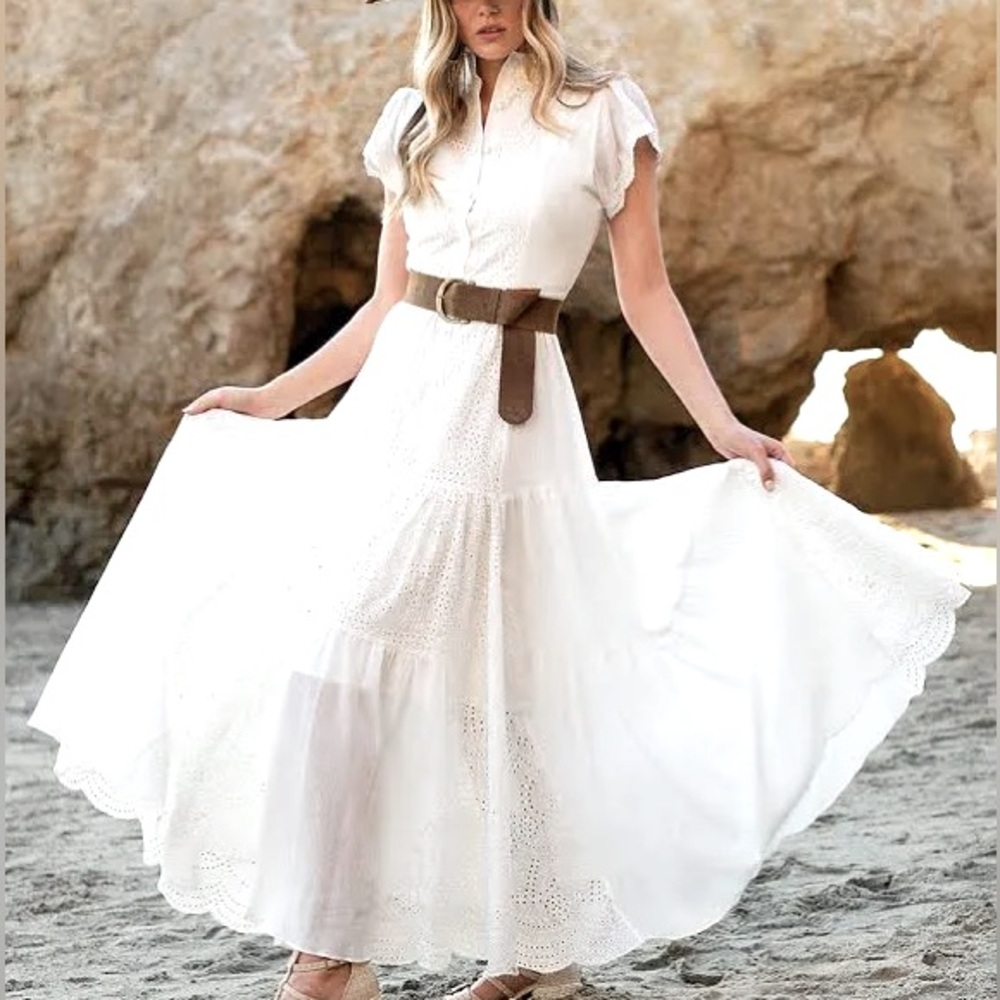 JOYFOLIE Yani Maxi Button Down Dress Short Sleeves Embroidered Lace Trim White L